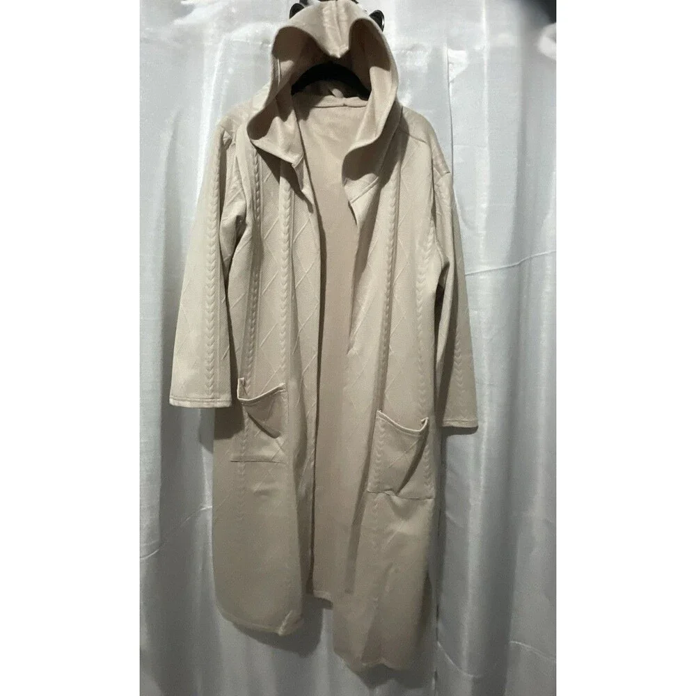 Hooded Long Open Front Knit Cardigan Jacket  Womens Sz M color beige
